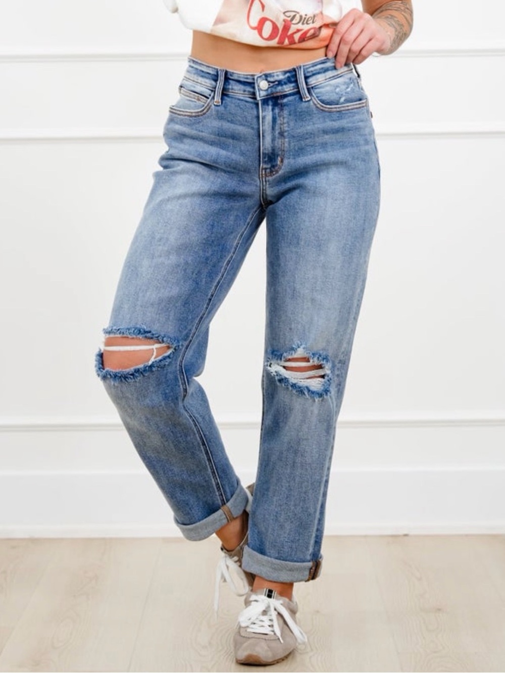 Judy Blue Mid Rise Medium Wash Distressed Boyfriend Jeans with Cuff